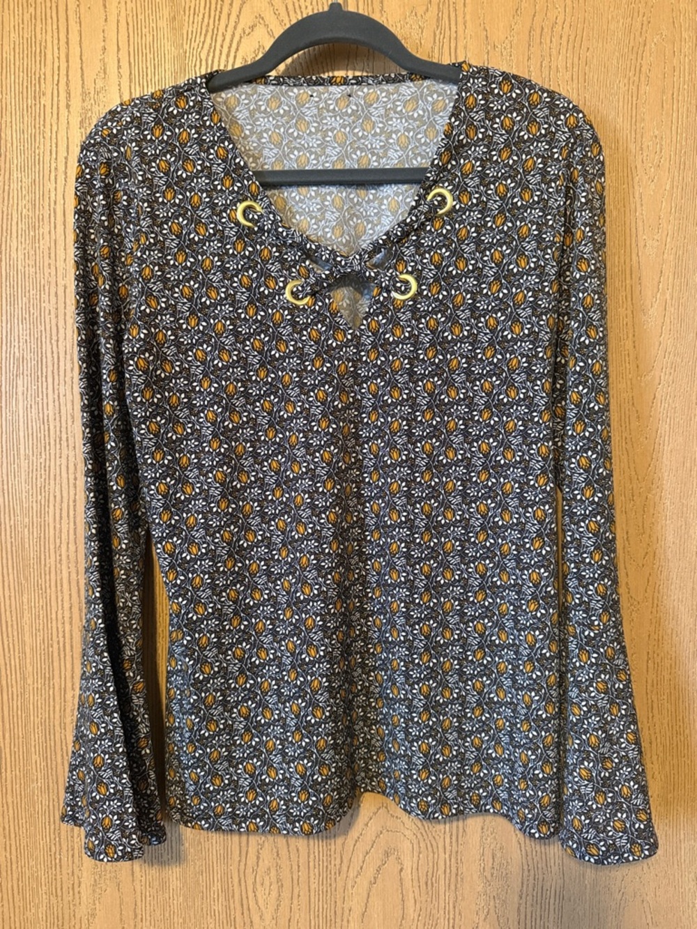 Michael Kors Black Floral Lace-Up Long Bell Sleeve Top